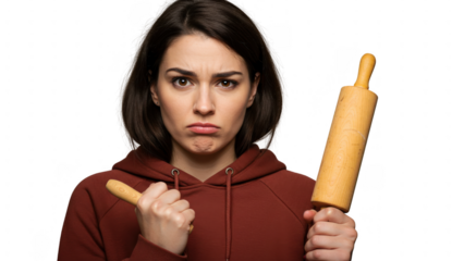 Woman holding rolling pin frustration