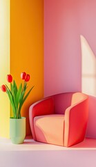 Sunlit corner with pink armchair and tulips