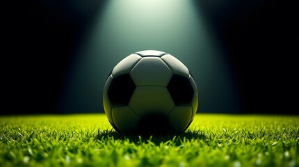Naklejka premium Soccer Ball on Grass with Stadium Lights Illuminating the Ball