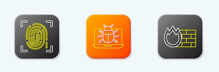 Set line Fingerprint, System bug on monitor and Firewall, security wall icon. Vector
