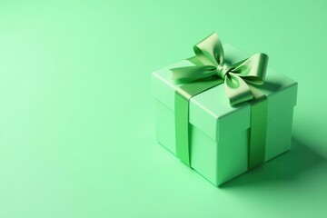 Soft green gift box with satin bow and ribbons, nestled on matching background , handmade, soft, birthday