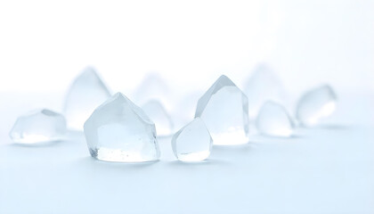 Close-up of a group of clear crystalline or ice formations of various shapes on a light, blurred background.
