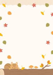 秋のフレーム、紅葉した葉とリスとキノコ02