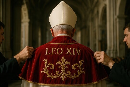 Priests Placing Mozetta on Pope Leo XIV in a Church