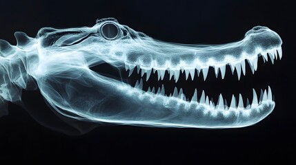 X-ray of a Crocodile's Jaw: Close-up X-ray of a crocodile’s jaw, emphasizing the sharp teeth and strong bone structure. 
