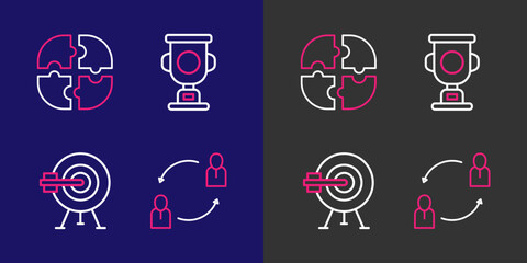 Set line Human resources, Target with arrow, Award cup and Piece of puzzle icon. Vector