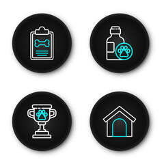 Set line Dog house, Pet award, shampoo and Clinical record pet icon. Vector