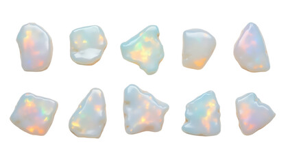 Colorful opal gemstones on white background.