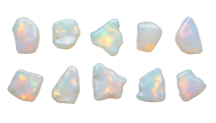 Colorful opal gemstones on white background.