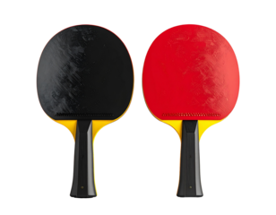 Two table tennis paddles, red and black in color with yellow details on the handles, transparent background,.png