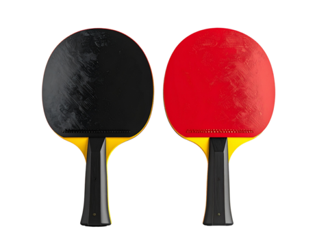Two table tennis paddles, red and black in color with yellow details on the handles, transparent background,.png