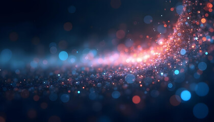Abstract image with vibrant, blurred light particles in shades of red, blue, and orange, creating a dynamic and festive bokeh effect against a dark background.