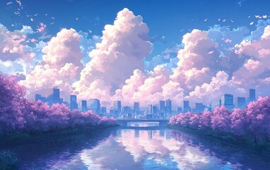 Pastel spring city landscape with cherry blossoms reflecting on a calm river. Fluffy clouds in a vibrant sky fill the background.