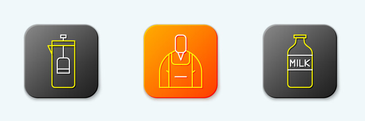 Set line French press, Barista and Bottle with milk icon. Vector