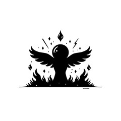 Monochromatic Silhouette: Ethereal Figure with Wings Amidst Stylized Flames and Sparks
