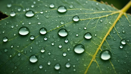 Close-up of a green leaf with water droplets after rain. Natural texture, freshness, and purity of nature.