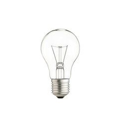 A clear light bulb showcasing its intricate filament design, isolated on a white background. Perfect for illustrating concepts of innovation, illumination, and energy.