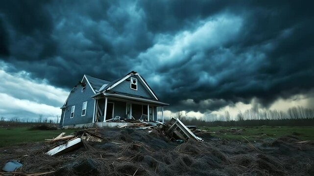 A devastated suburban home with its roof ripped off, exposing the ruined interior, as storm clouds linger in the sky, symbolizing the urgent need for insurance claims.