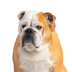 Fototapeta premium A close-up portrait of a Bulldog with a gentle expression, showcasing its unique features and fur texture against a clean white background.