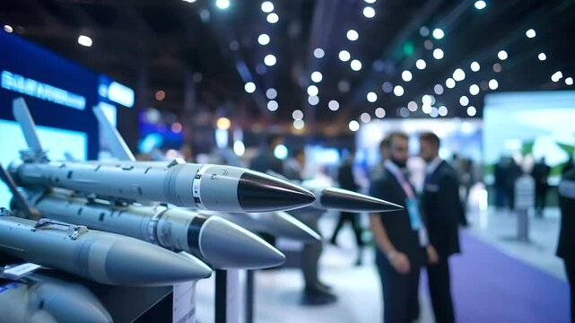 A modern arms fair showcasing various missile types, including air-to-air and anti-ship missiles, with defense contractors explaining their capabilities to international delegates.