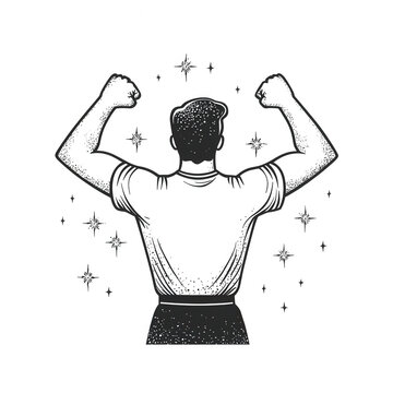 A confident individual flexing muscles, showcasing strength and empowerment. This illustration emphasizes personal growth and motivation with a sparkling background.