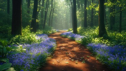 Obraz premium Sunlit Forest Path Lined with Bluebells