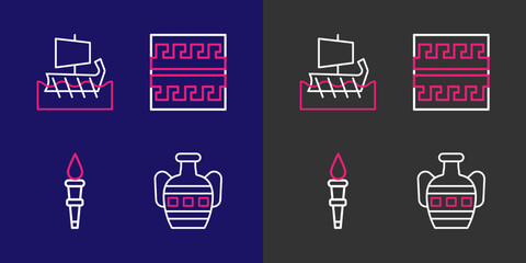 Set line Ancient amphorae, Torch flame, Greek pattern and trireme icon. Vector