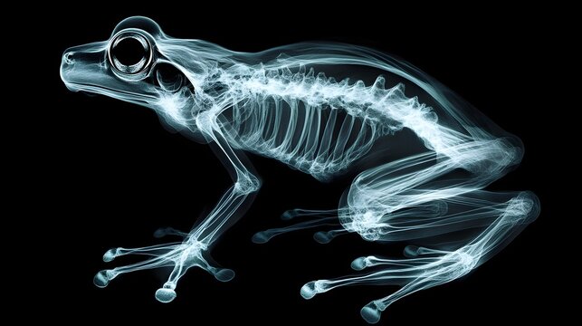 X-ray of a Frog's Skeleton: Detailed X-ray of a frog, capturing the small, delicate bones in a natural sitting position.
