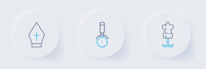 Set line Mannequin, Pizza knife and Pope hat icon. Vector