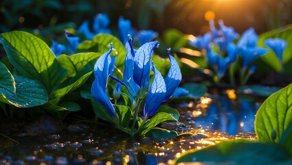 Blooming Blue Flowers in Water Reflecting Golden Sunset Light