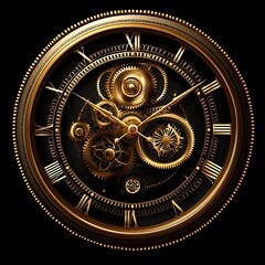 Fototapeta premium Intricate golden clockwork mechanism on black background. Great for designs needing timeless elegance