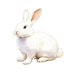 A cute, fluffy white rabbit sitting gracefully. Its long ears perked up, ready to explore, against a white isolate background.