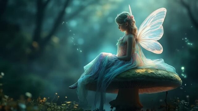 A fairy sits on a mushroom in the forest. Smooth repeating motion for background video animation.