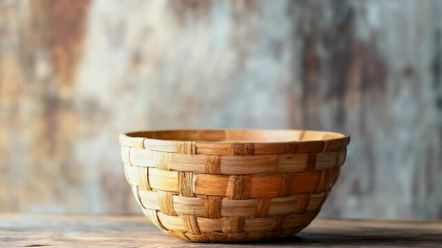 A small empty woven basket made of natural fibers on a wooden table	
