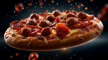 Schwebende Pizza mit Pepperoni und Gewürzen auf dunklem Hintergrund