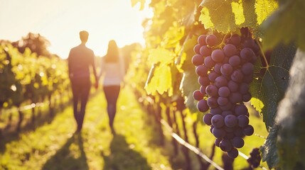 A couple's leisurely walk through the vineyard during the golden hour sunlight