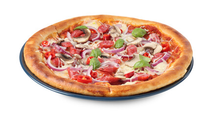 Tasty pizza with smoked sausages and mushrooms isolated on white