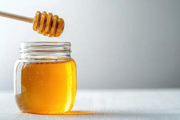 Delightful honey dipper action with packaged glass jar of sweet honey minimalist kitchen environment close-up view natural food concept for healthy living