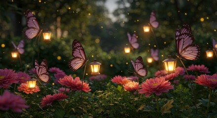Fototapeta premium Enchanted Garden at Dusk Butterflies Lanterns and Blooming Dahlias