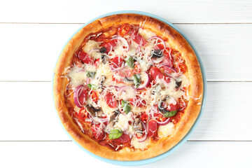 Tasty pizza with thin smoked sausages on white wooden table, top view
