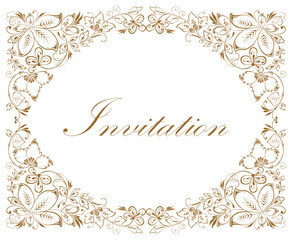 Decorative greeting card with outline floral golden border of leaves, flowers, tendrils, lettering invitation
