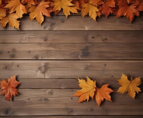 Obraz premium Crisp maple leaves in warm hues arranged on aged wood planks , natural, photography, planks