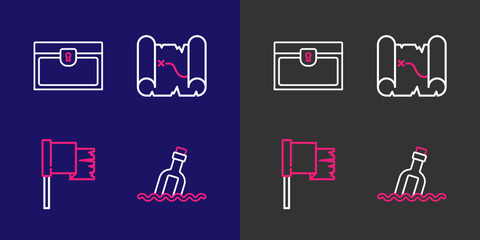 Set line Bottle with message in water, Pirate flag, treasure map and Antique chest icon. Vector