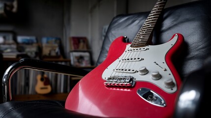 Red electric guitar resting on a black leather armchair in a room filled with musical memorabilia