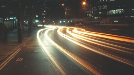 Naklejka premium Night City Street Car Lights Long Exposure with Streaks of Yellow and White Light Illuminating Asphalt Road in Urban Area