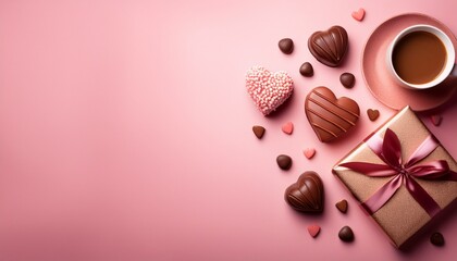 valentine s day theme with chocolates coffee hearts on pink background flatlay with space for a message greeting card and present