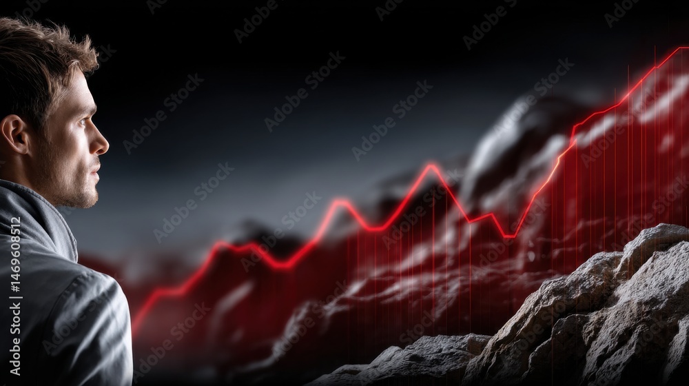 Poster a man is looking at a graph with a downward trend