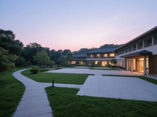Modern Building Complex with Courtyard at Dusk