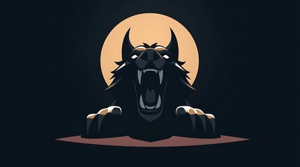 Naklejka premium Low angle perspective vector Cerberus logo, modern flat design, dark underworld background, simple two-dimensional shapes, dramatic lighting, looking up