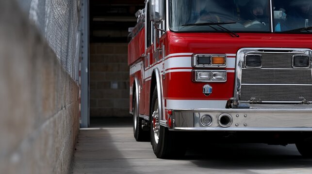 Red fire truck exiting fire station